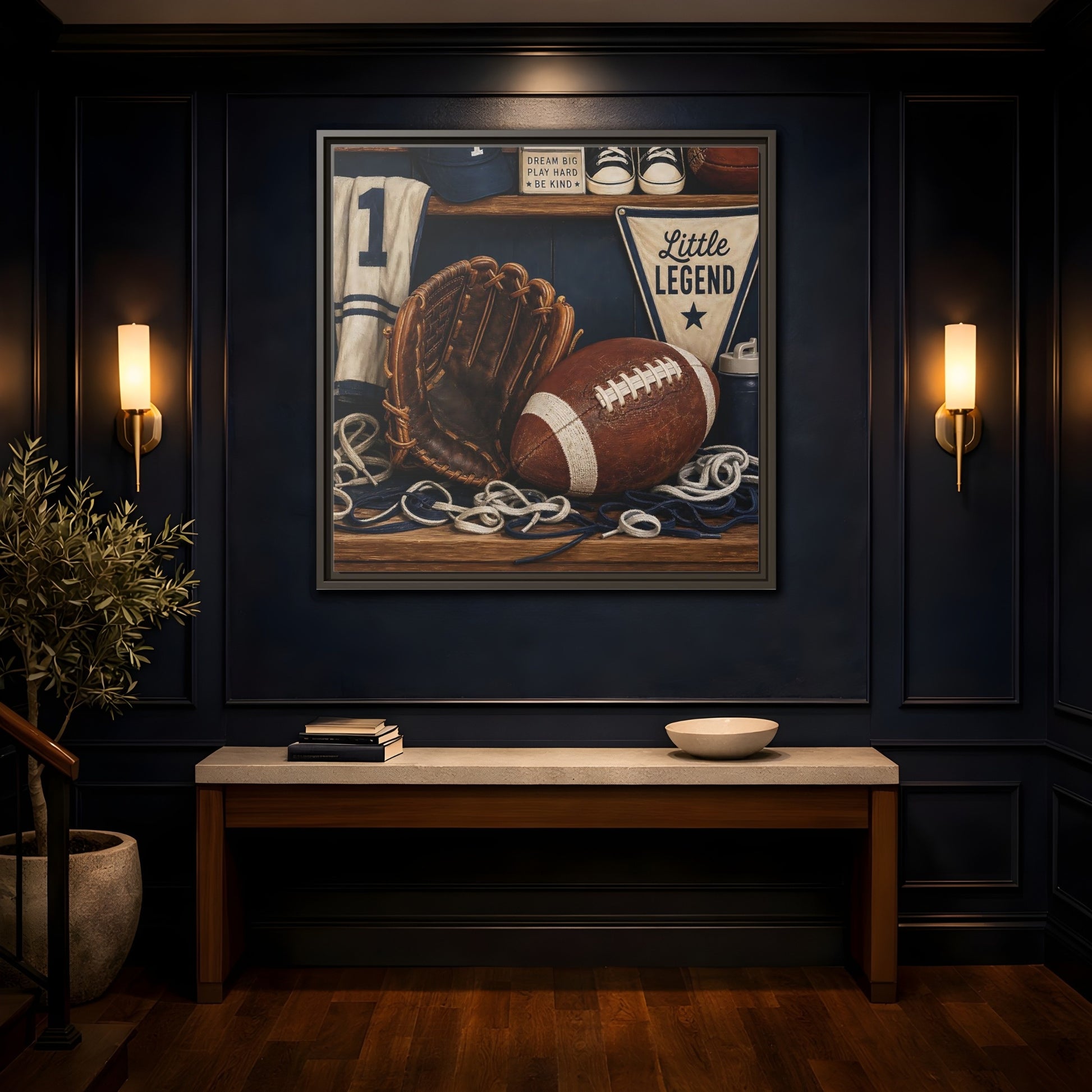 Mockup 4. Little Legend Sports Shelf shown as framed canvas print