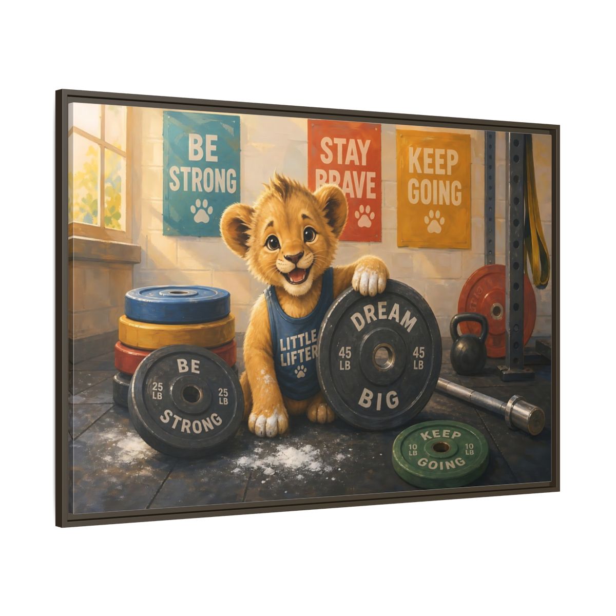 Side Mockup 8. Little Lifter Lion shown as framed canvas print