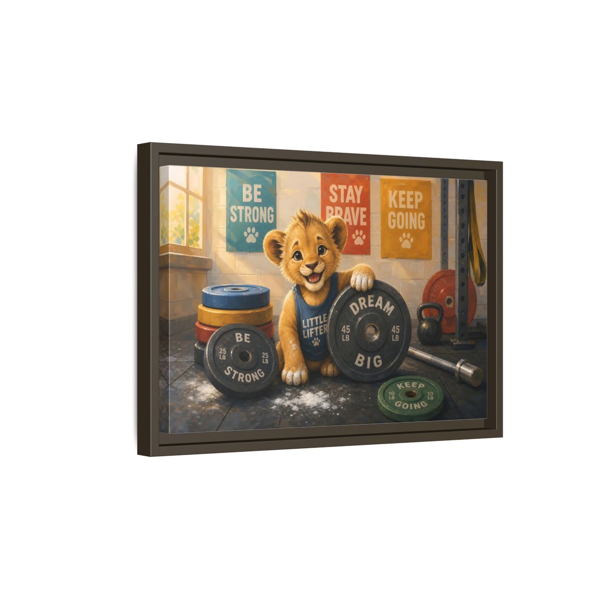 Side Mockup 5. Little Lifter Lion shown as framed canvas print