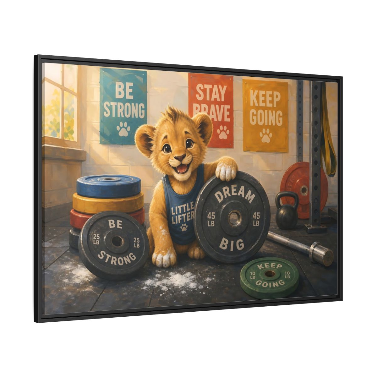 Side Mockup 12. Little Lifter Lion shown as framed canvas print
