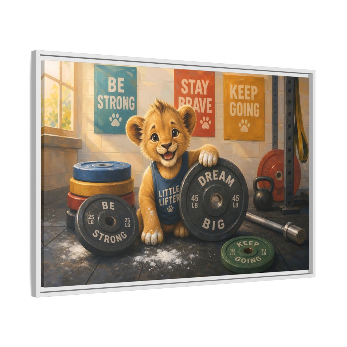 Side Mockup 9. Little Lifter Lion shown as framed canvas print