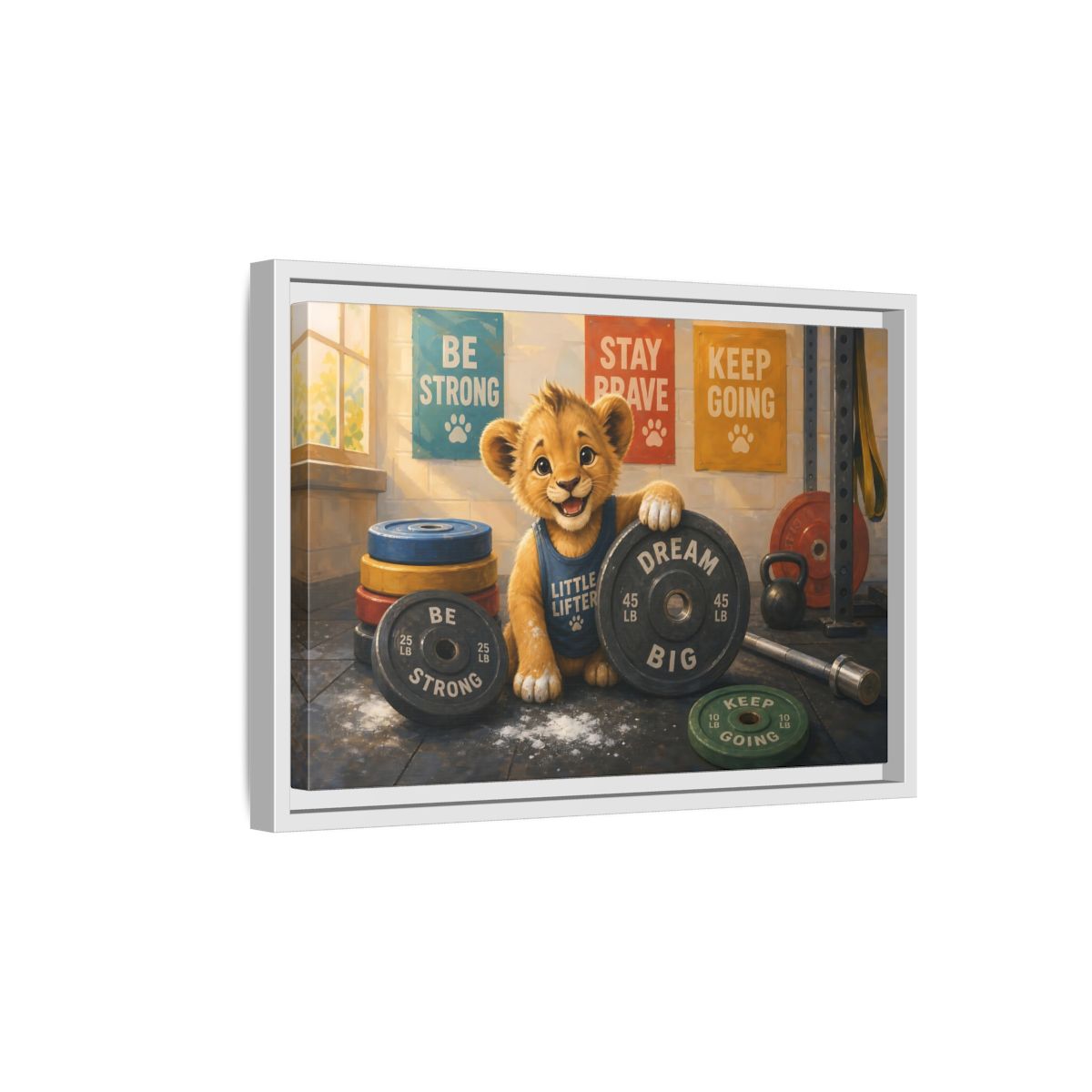 Side Mockup 4. Little Lifter Lion shown as framed canvas print
