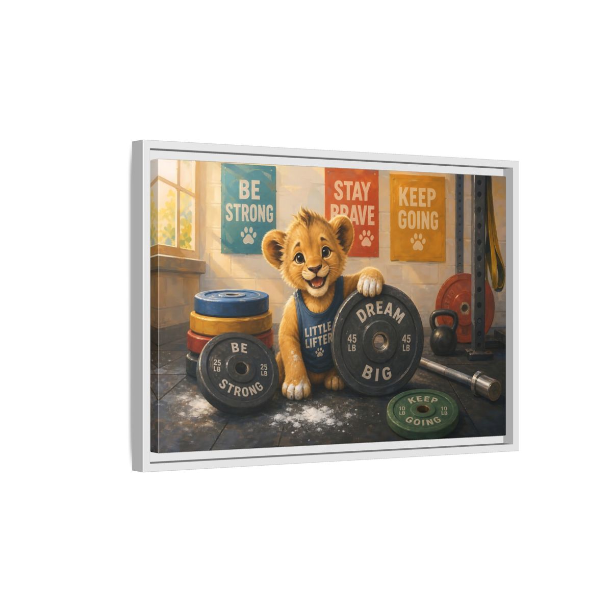 Side Mockup 1. Little Lifter Lion shown as framed canvas print