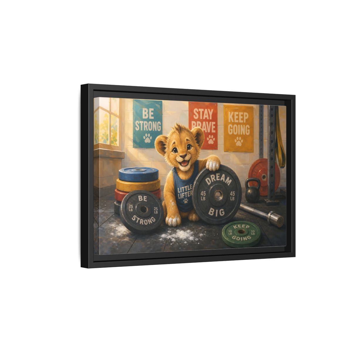 Side Mockup 6. Little Lifter Lion shown as framed canvas print