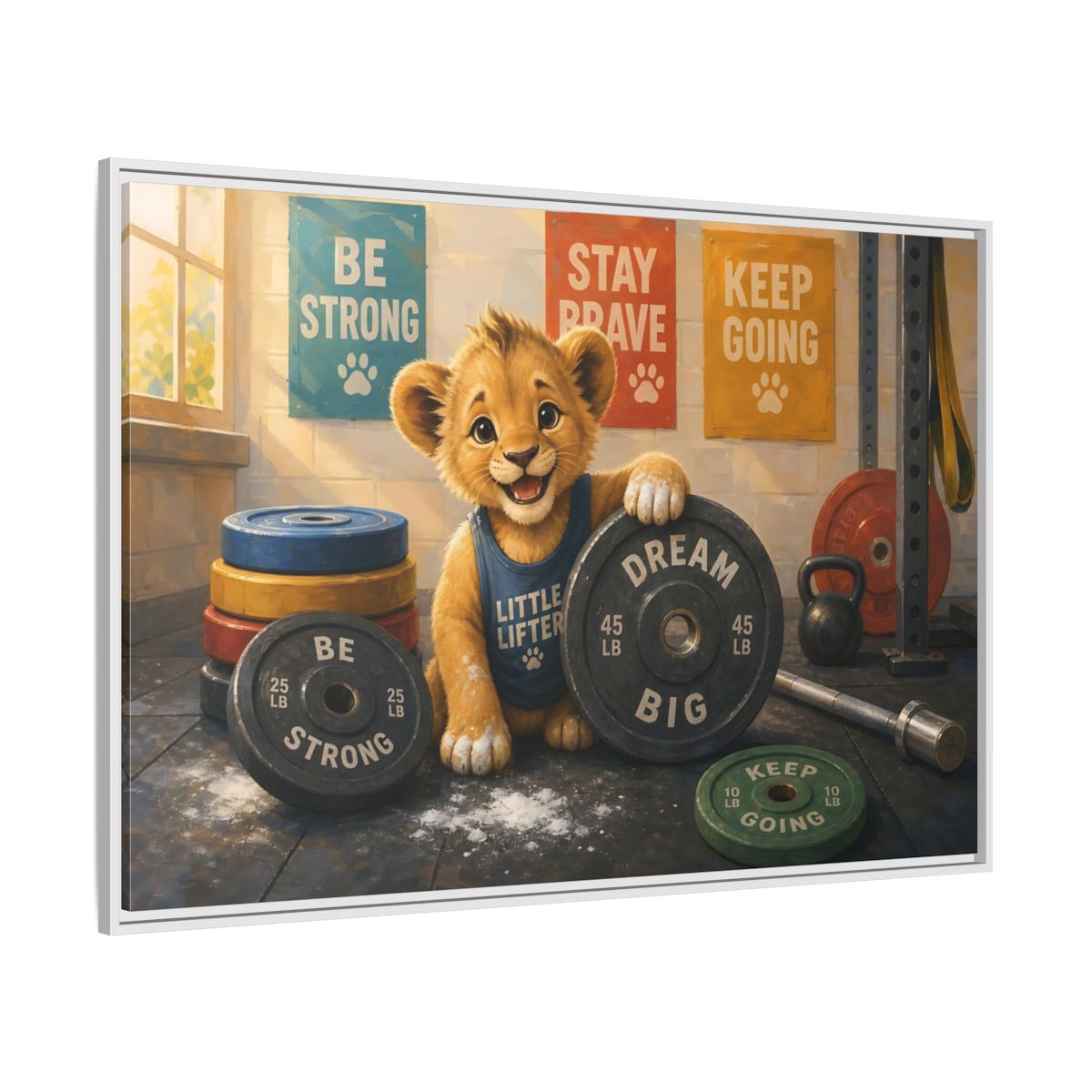 Side Mockup 7. Little Lifter Lion shown as framed canvas print