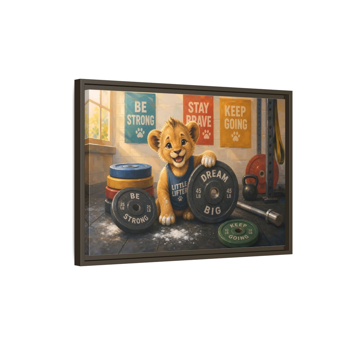Side Mockup 2. Little Lifter Lion shown as framed canvas print