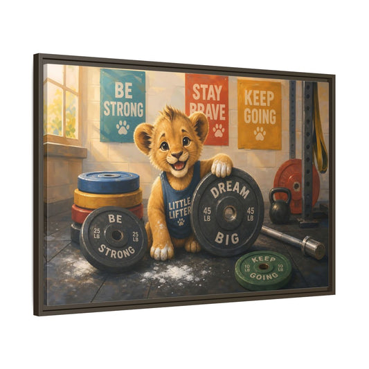 Main Mockup. Little Lifter Lion shown as framed canvas print