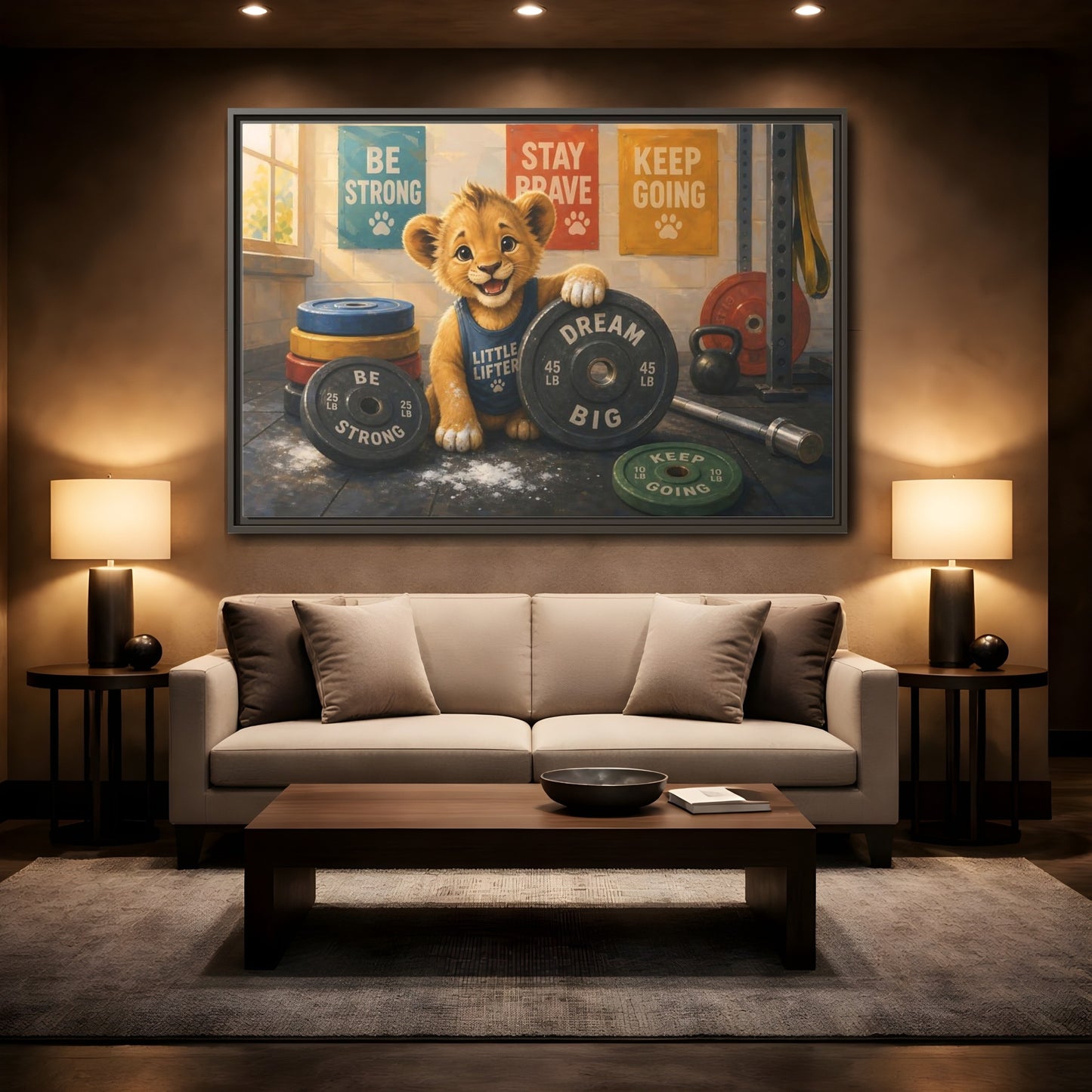 Mockup 2. Little Lifter Lion shown as framed canvas print