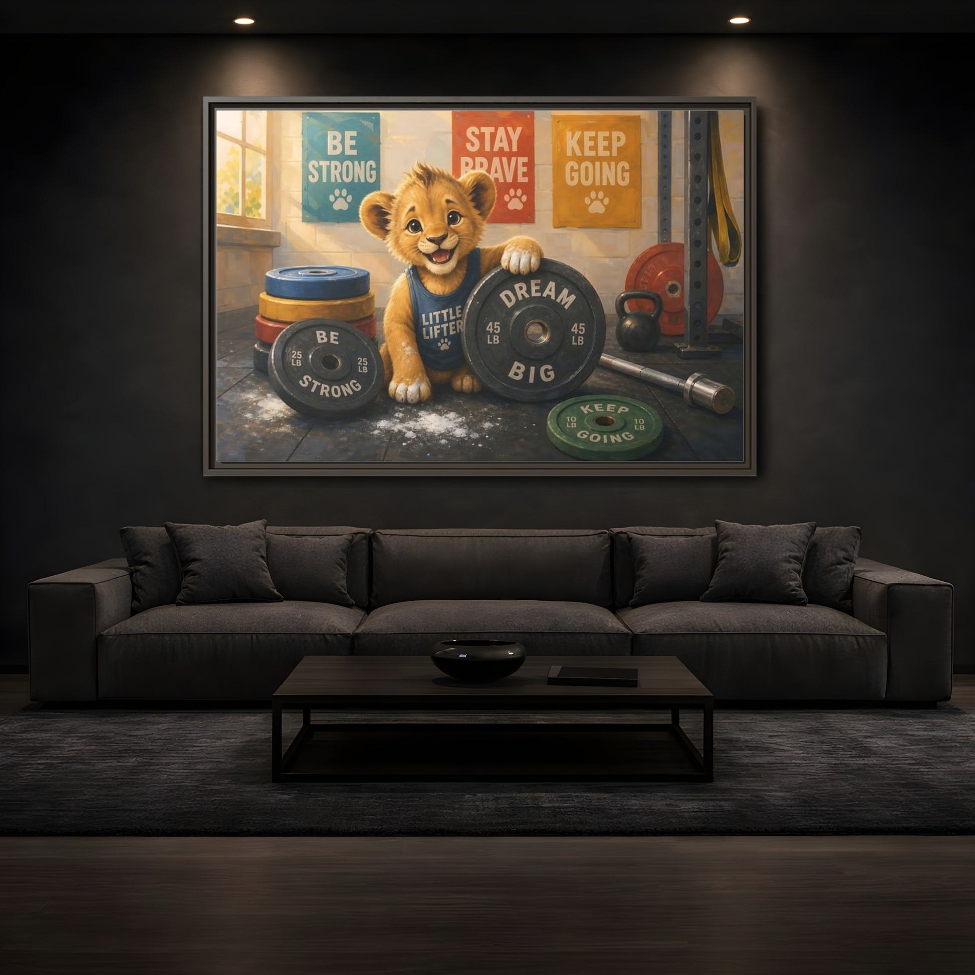 Mockup 3. Little Lifter Lion shown as framed canvas print