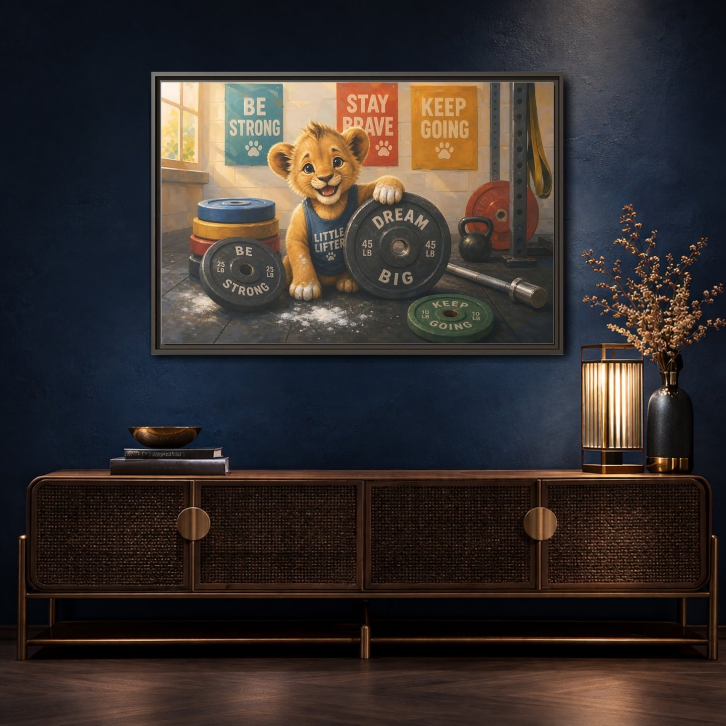 Mockup 4. Little Lifter Lion shown as framed canvas print