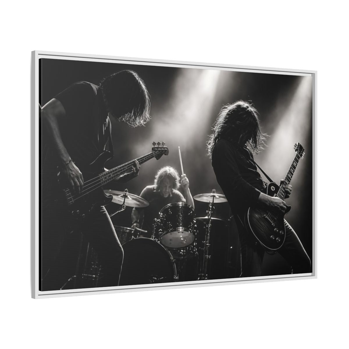 Side Mockup 7. Live Rock Trio shown as framed canvas print