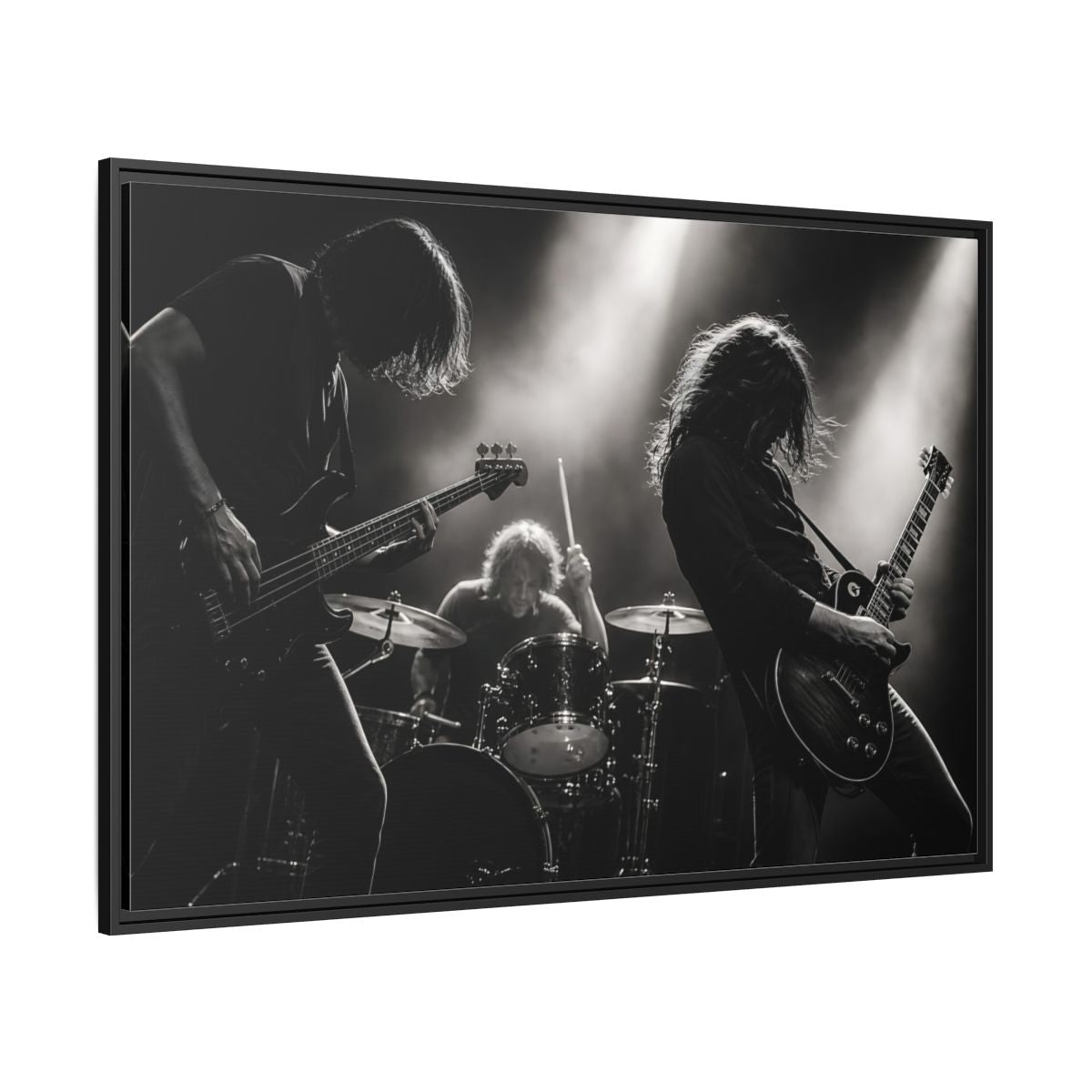 Side Mockup 12. Live Rock Trio shown as framed canvas print