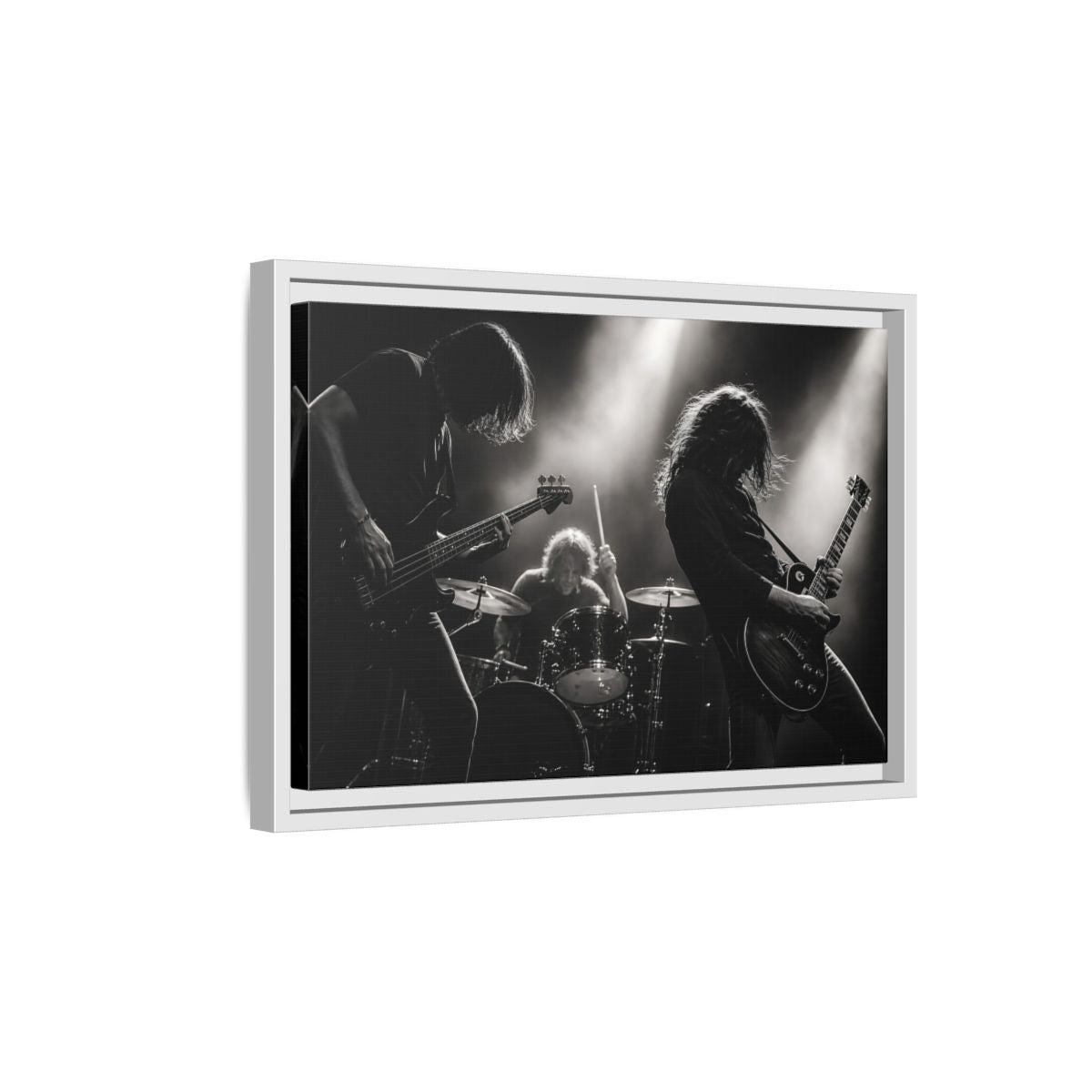 Side Mockup 4. Live Rock Trio shown as framed canvas print