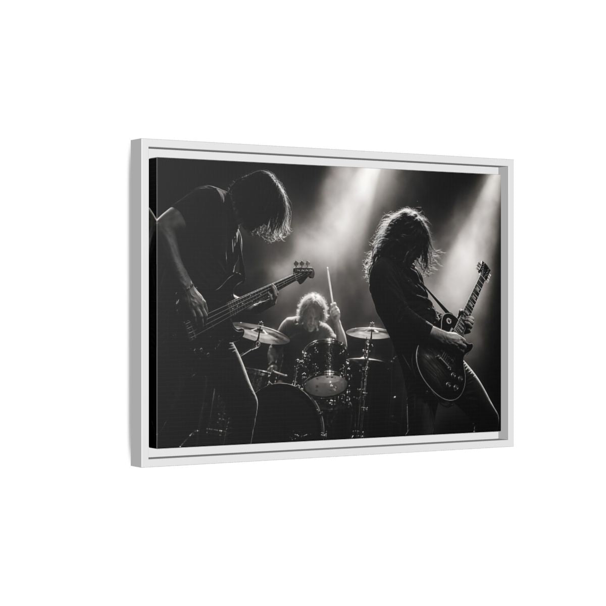 Side Mockup 1. Live Rock Trio shown as framed canvas print