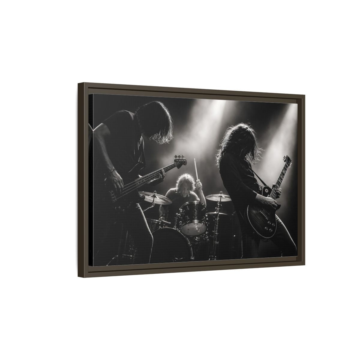 Side Mockup 2. Live Rock Trio shown as framed canvas print
