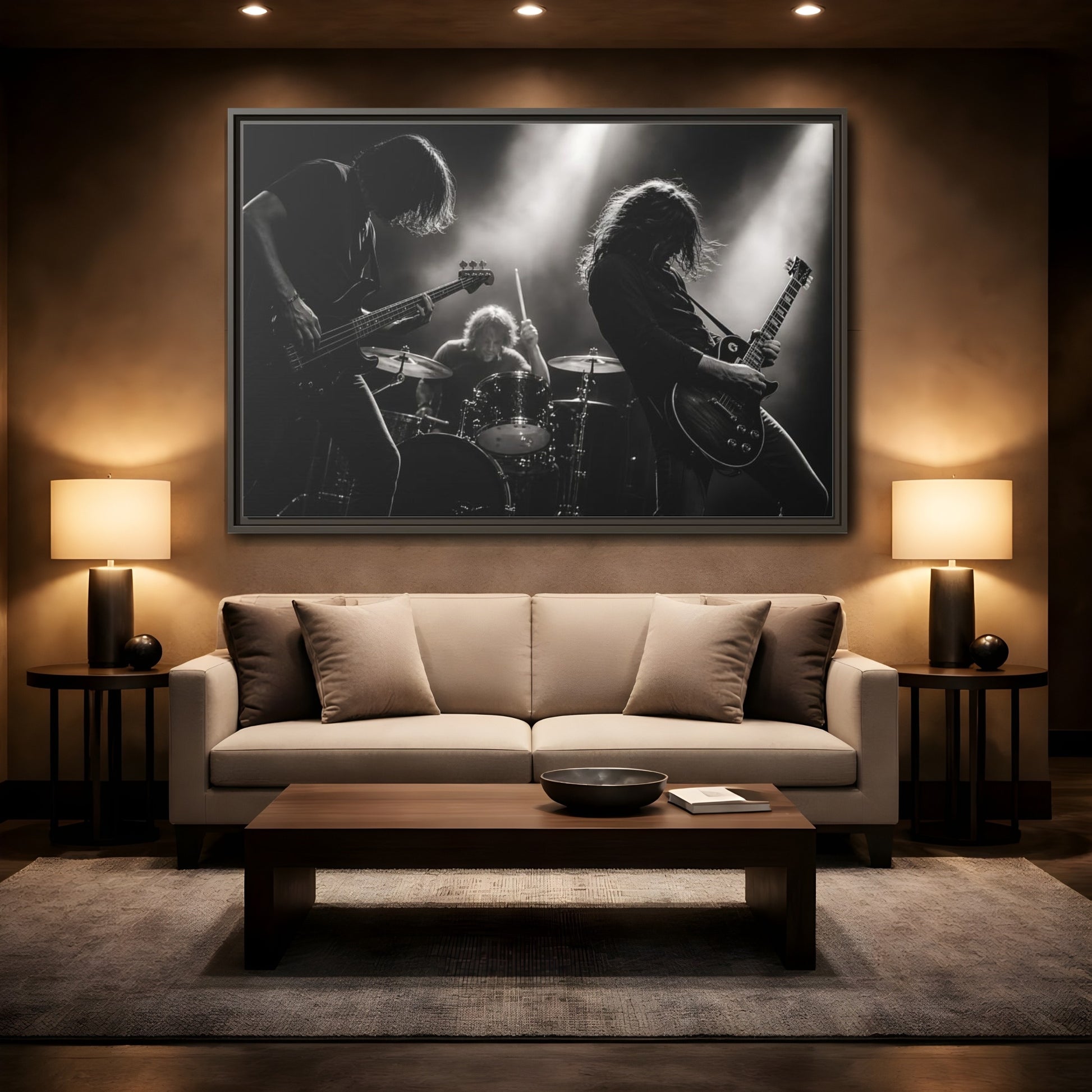 Mockup 2. Live Rock Trio shown as framed canvas print