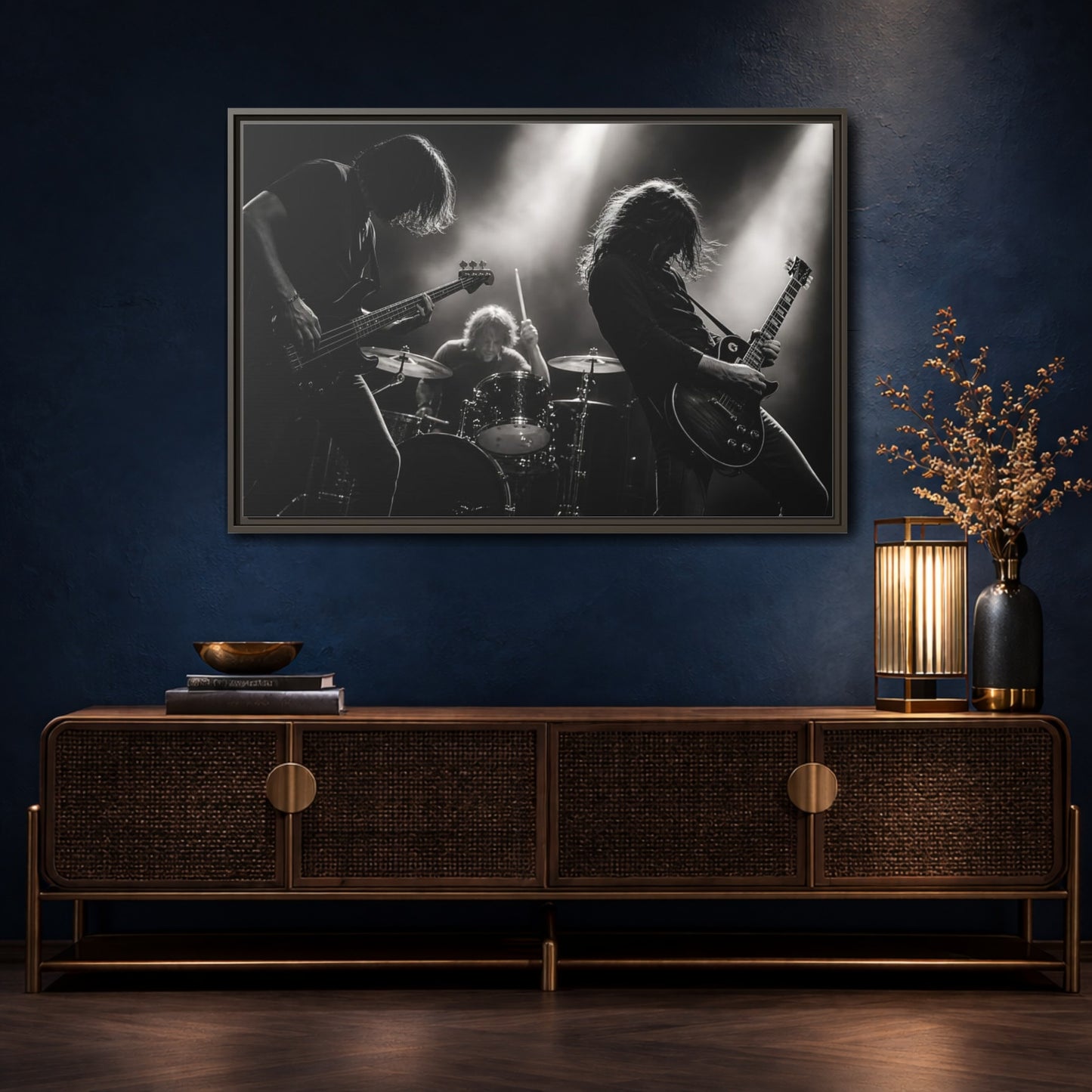 Mockup 4. Live Rock Trio shown as framed canvas print