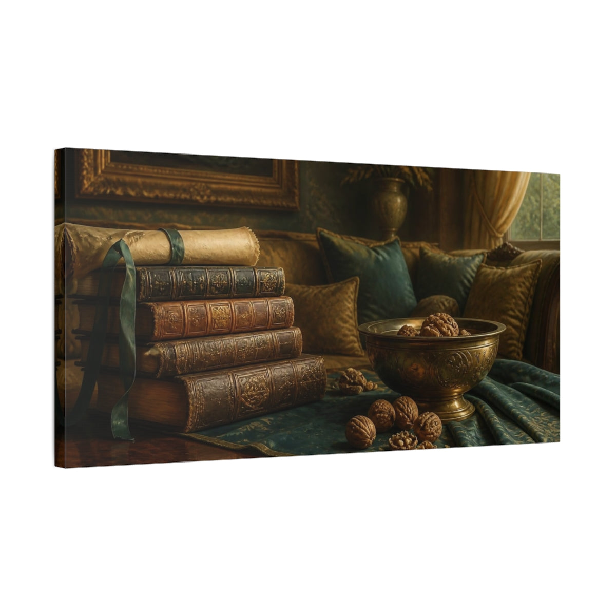 Side Mockup 1. Living Room Antique Books shown as canvas print