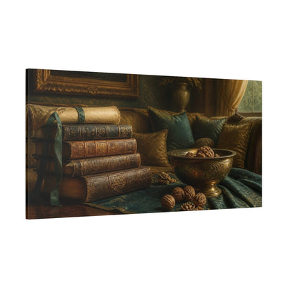 Side Mockup 2. Living Room Antique Books shown as canvas print