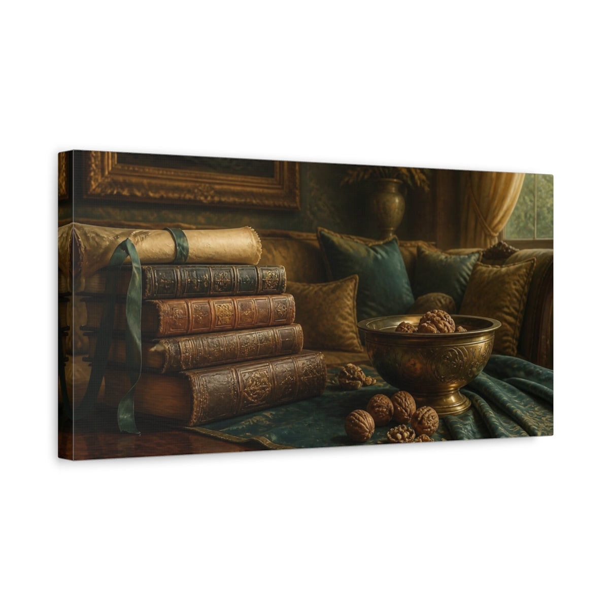 Side Mockup 3. Living Room Antique Books shown as canvas print