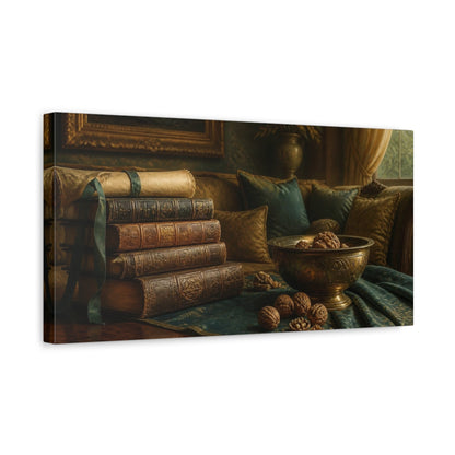 Side Mockup 3. Living Room Antique Books shown as canvas print