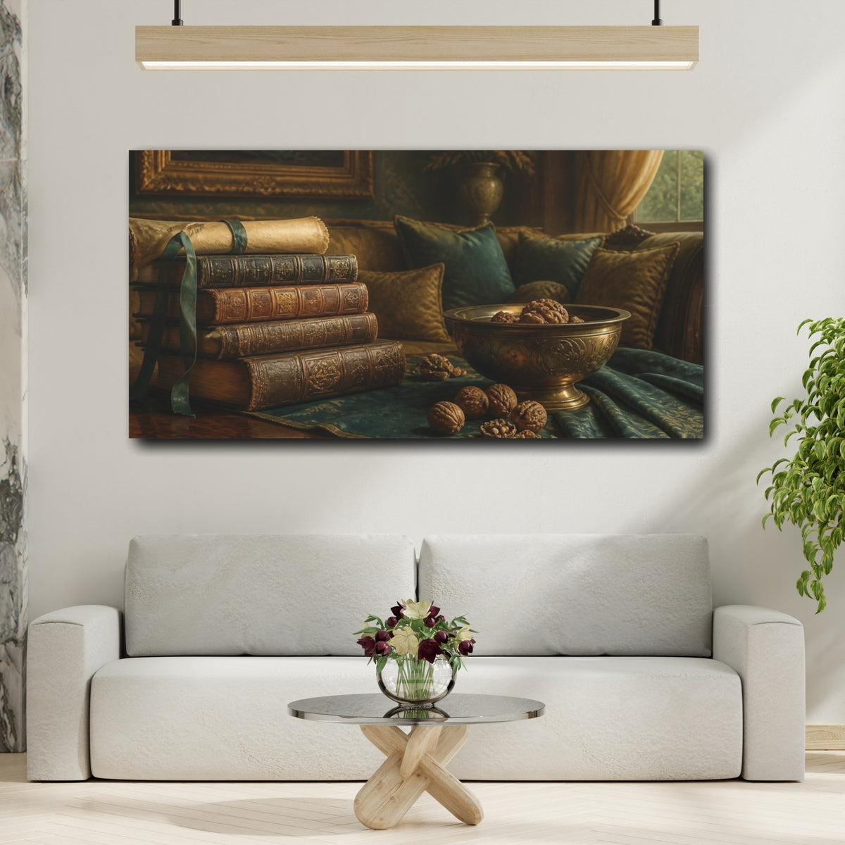 Mockup 2. Living Room Antique Books shown as canvas print