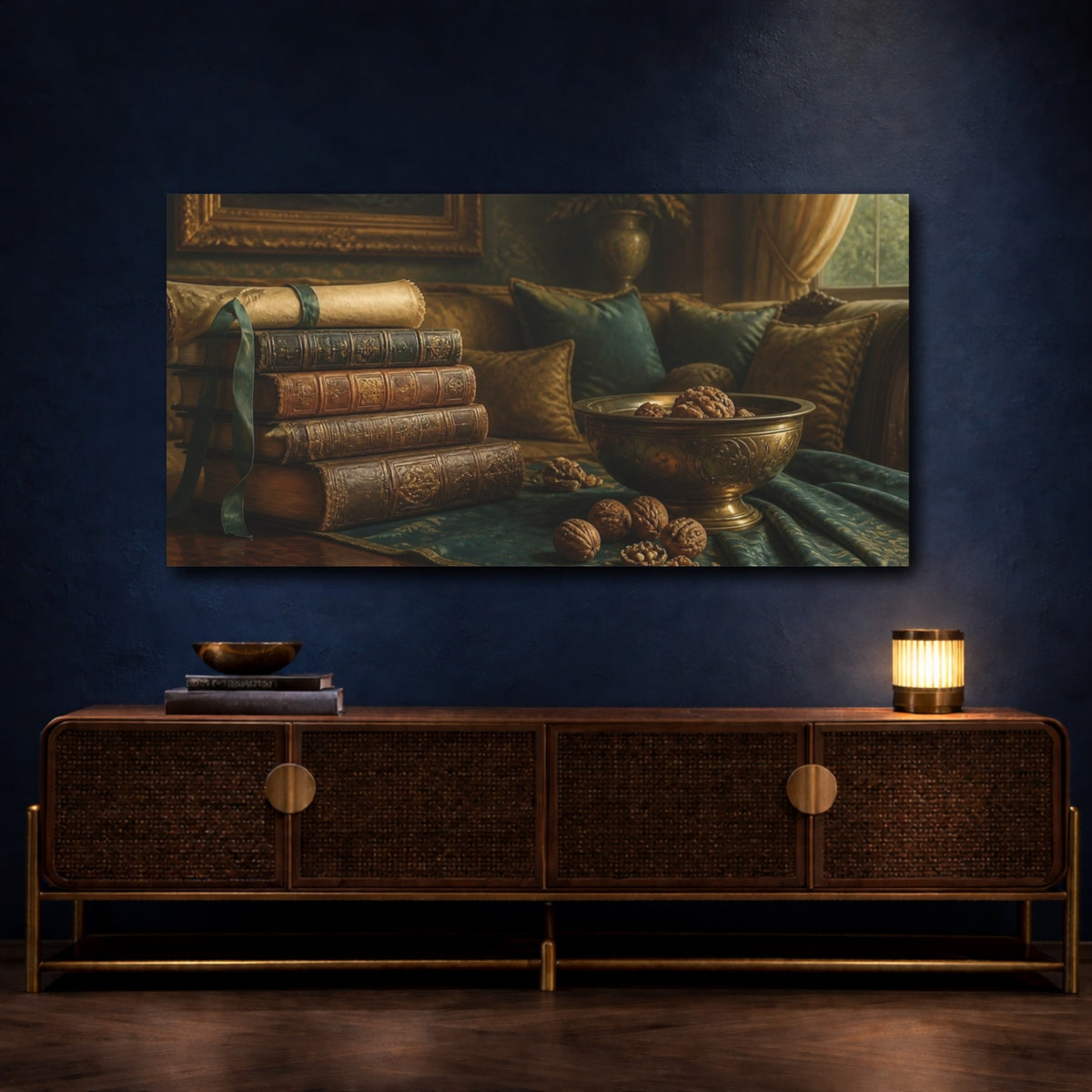 Mockup 4. Living Room Antique Books shown as canvas print