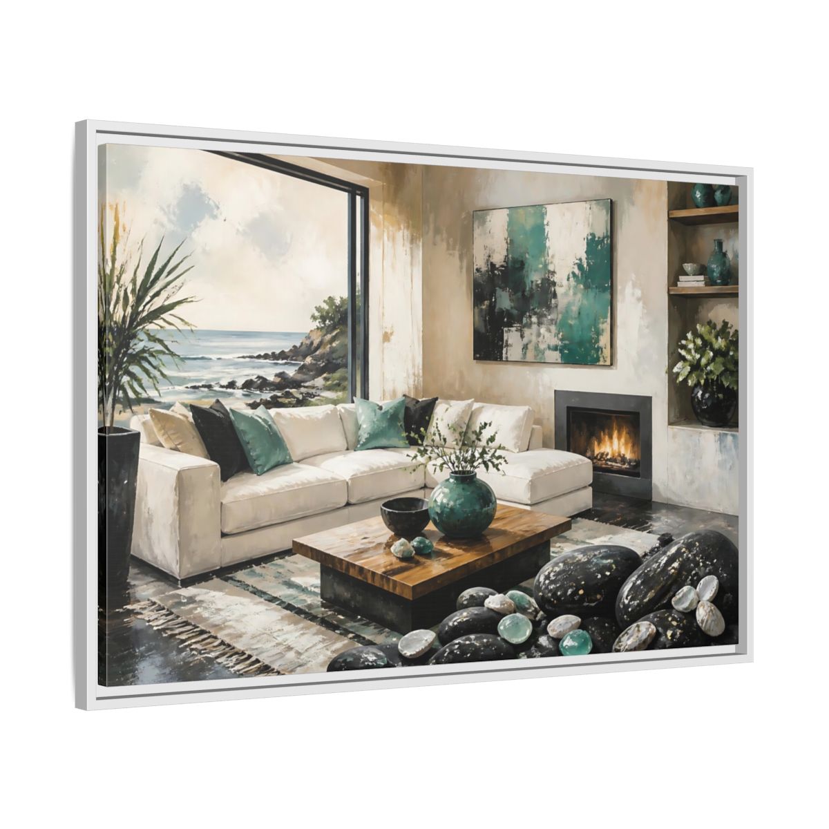 Side Mockup 9. Living Room Coastal Sofa shown as framed canvas print