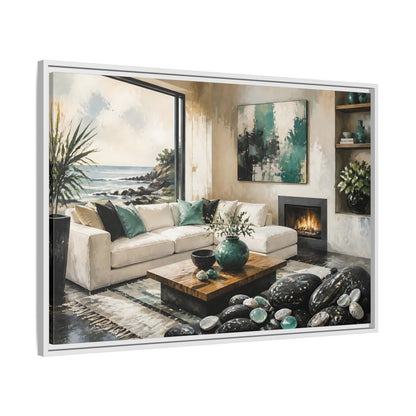 Side Mockup 9. Living Room Coastal Sofa shown as framed canvas print