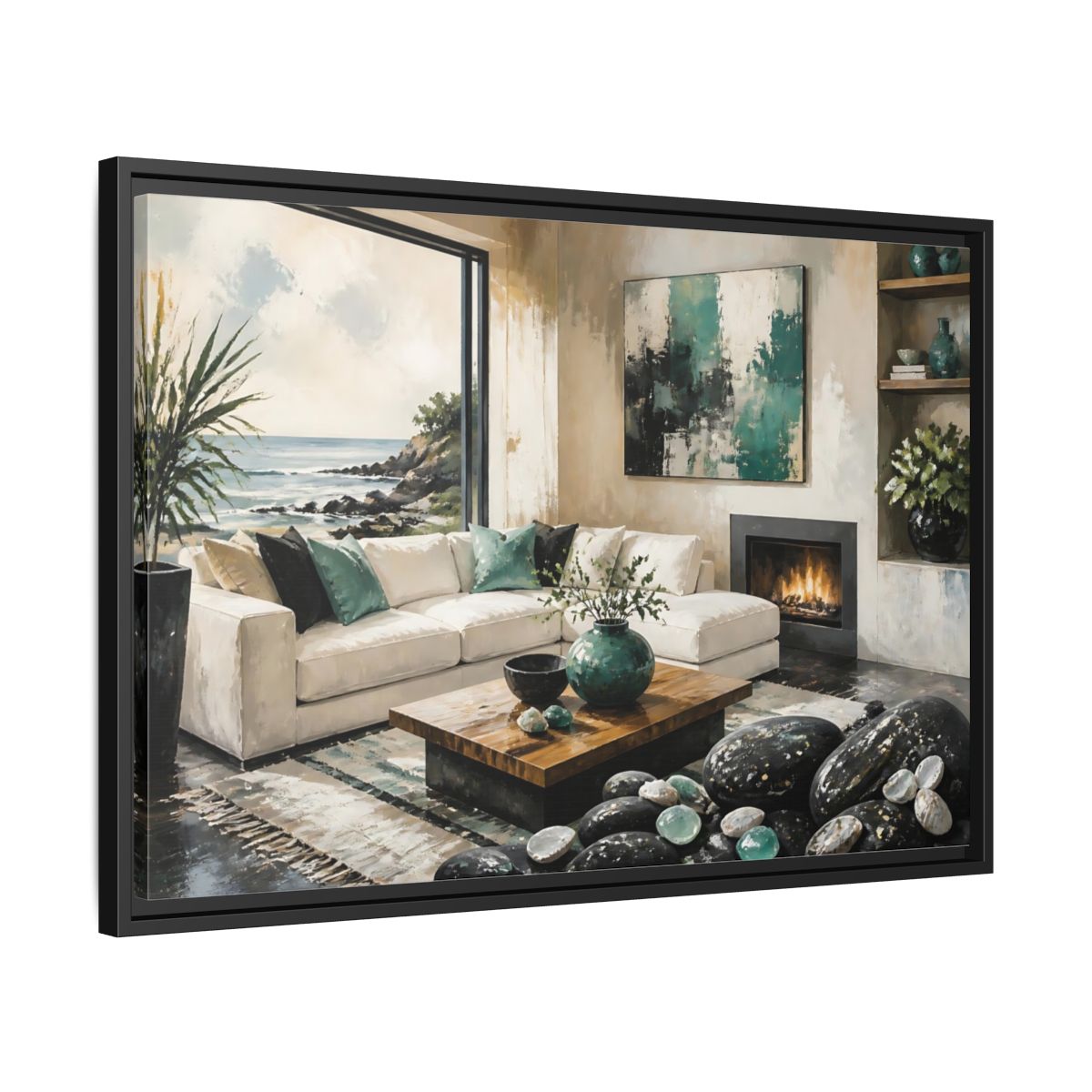 Side Mockup 14. Living Room Coastal Sofa shown as framed canvas print