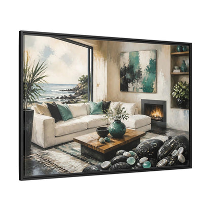 Side Mockup 12. Living Room Coastal Sofa shown as framed canvas print