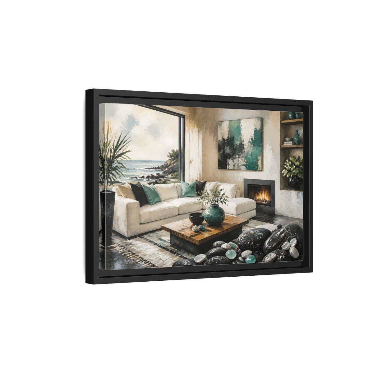 Side Mockup 6. Living Room Coastal Sofa shown as framed canvas print