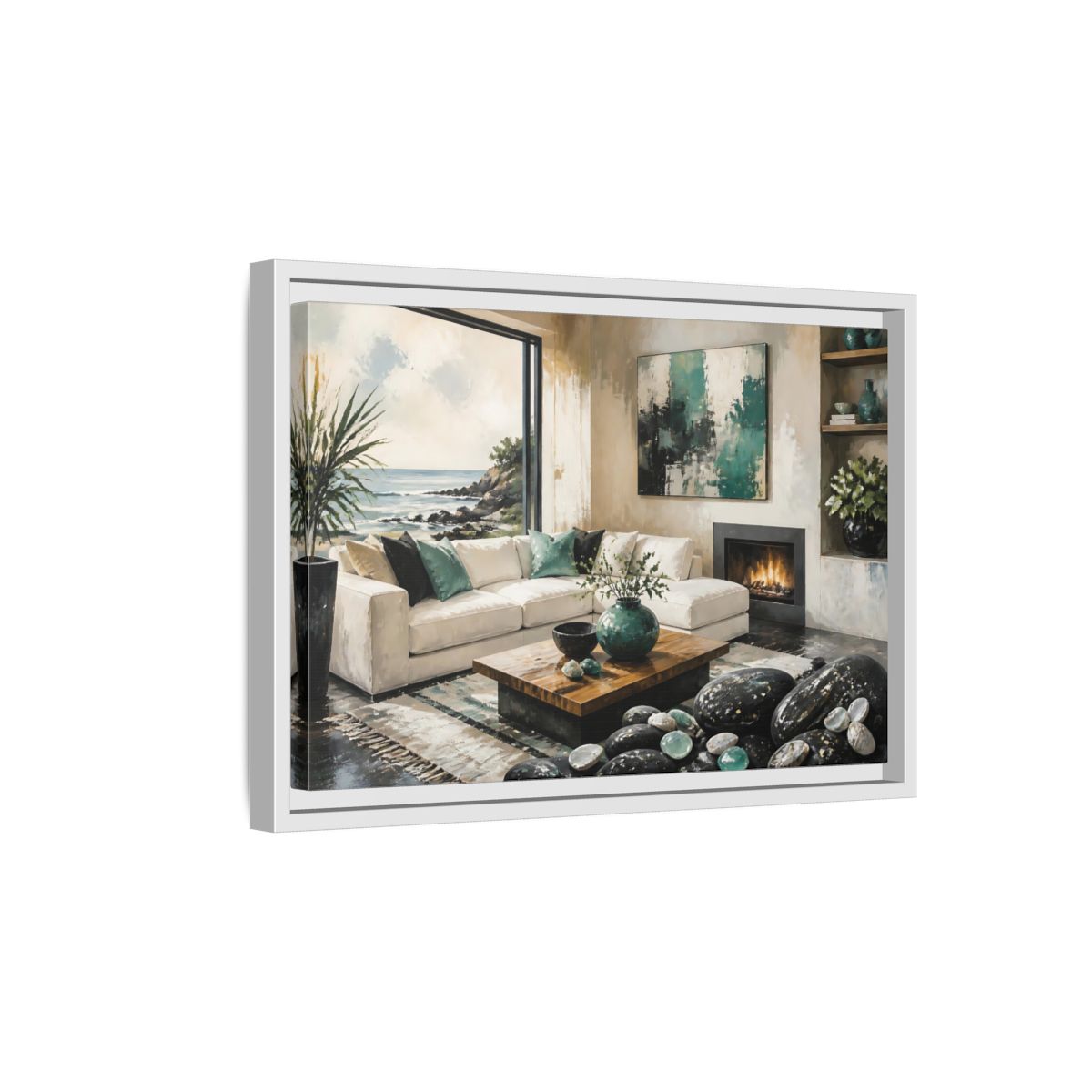 Side Mockup 4. Living Room Coastal Sofa shown as framed canvas print