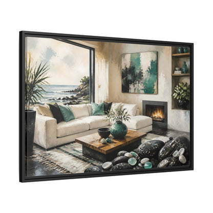 Side Mockup 13. Living Room Coastal Sofa shown as framed canvas print