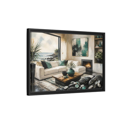 Side Mockup 3. Living Room Coastal Sofa shown as framed canvas print