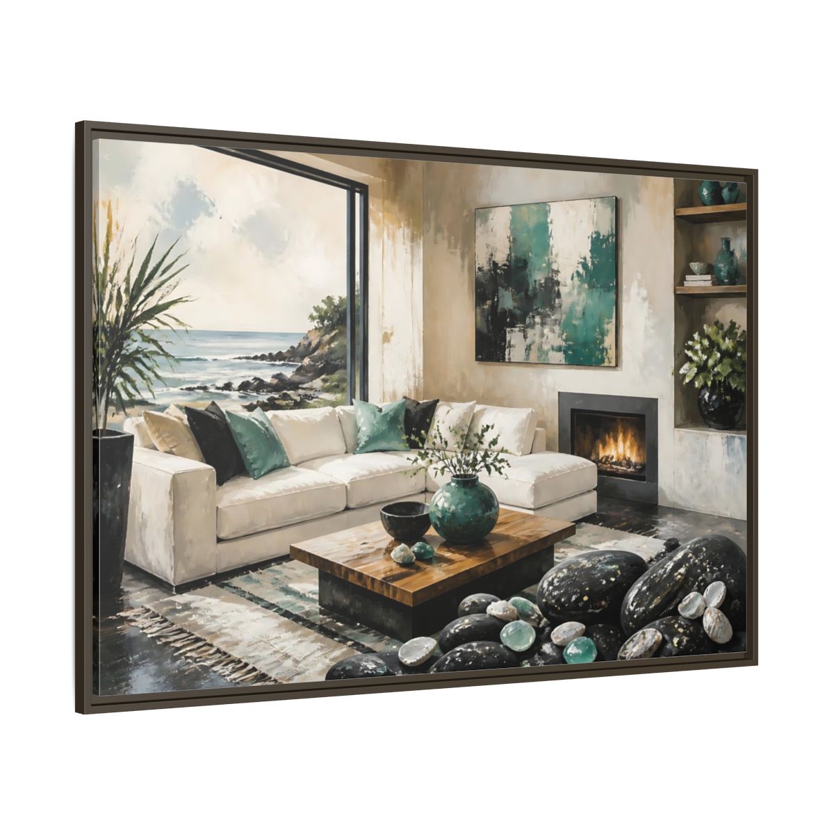 Side Mockup 8. Living Room Coastal Sofa shown as framed canvas print