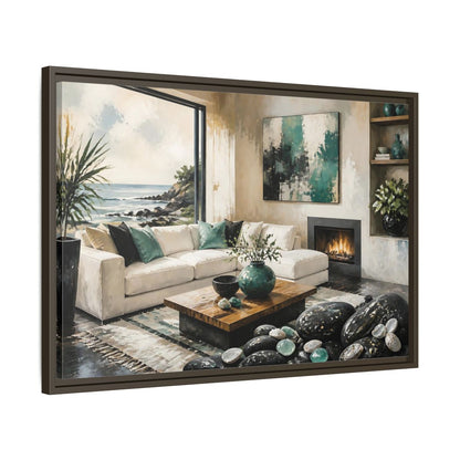 Side Mockup 11. Living Room Coastal Sofa shown as framed canvas print