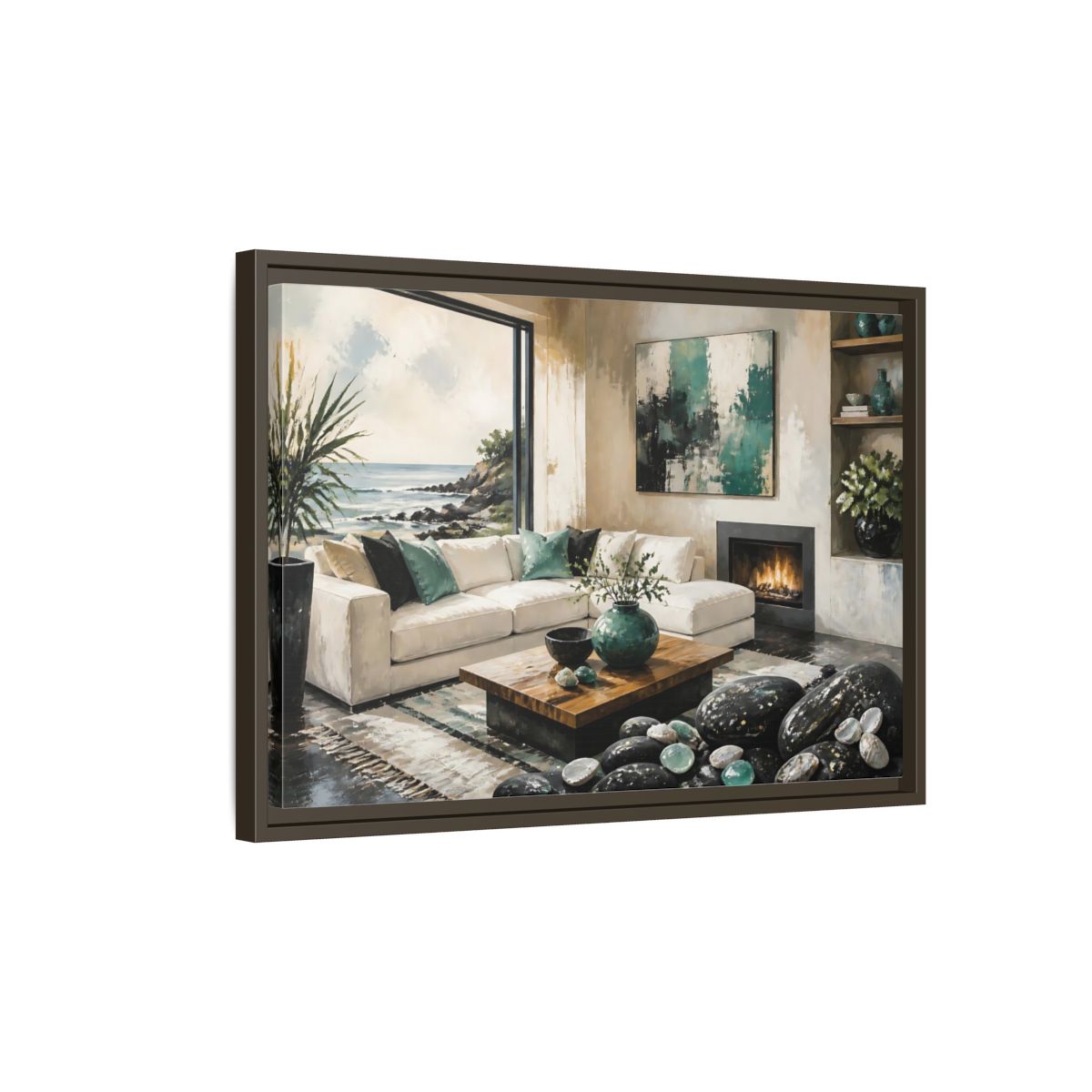 Side Mockup 2. Living Room Coastal Sofa shown as framed canvas print