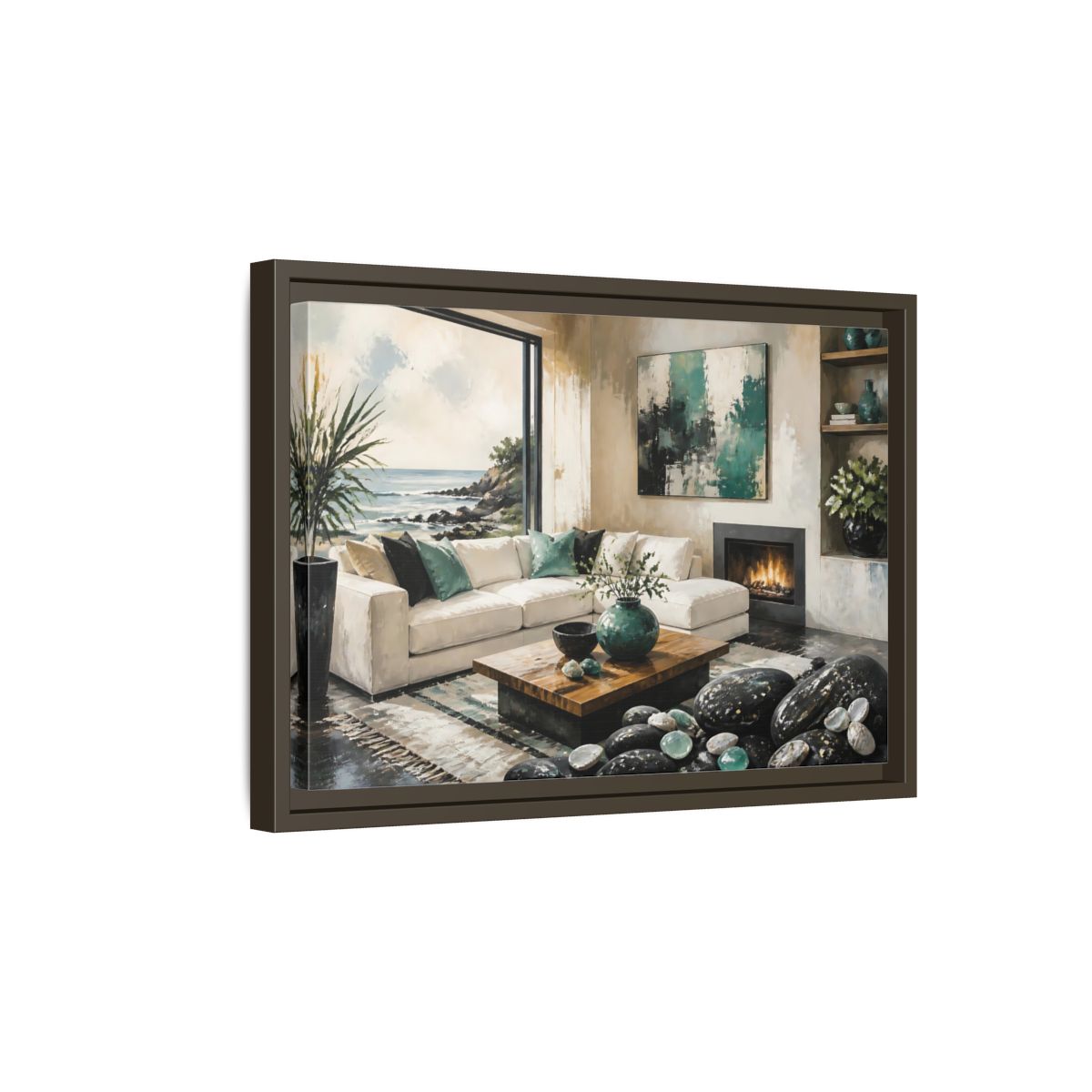 Side Mockup 5. Living Room Coastal Sofa shown as framed canvas print