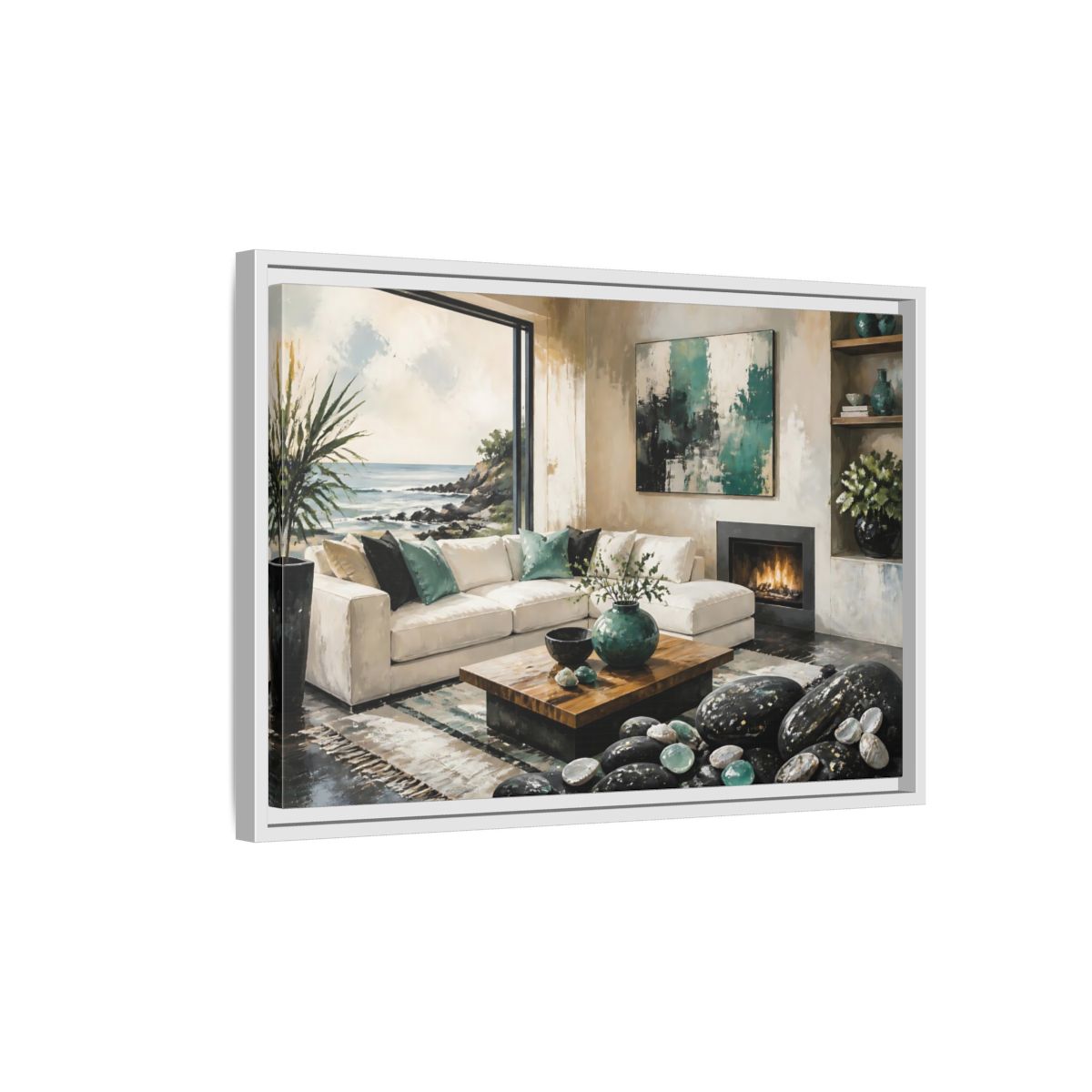 Side Mockup 1. Living Room Coastal Sofa shown as framed canvas print