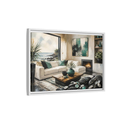 Side Mockup 1. Living Room Coastal Sofa shown as framed canvas print