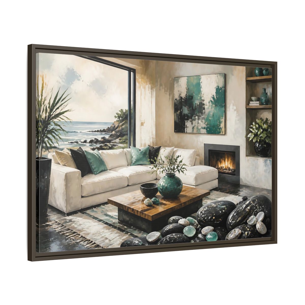 Main Mockup. Living Room Coastal Sofa shown as framed canvas print
