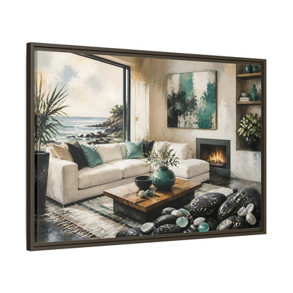 Main Mockup. Living Room Coastal Sofa shown as framed canvas print