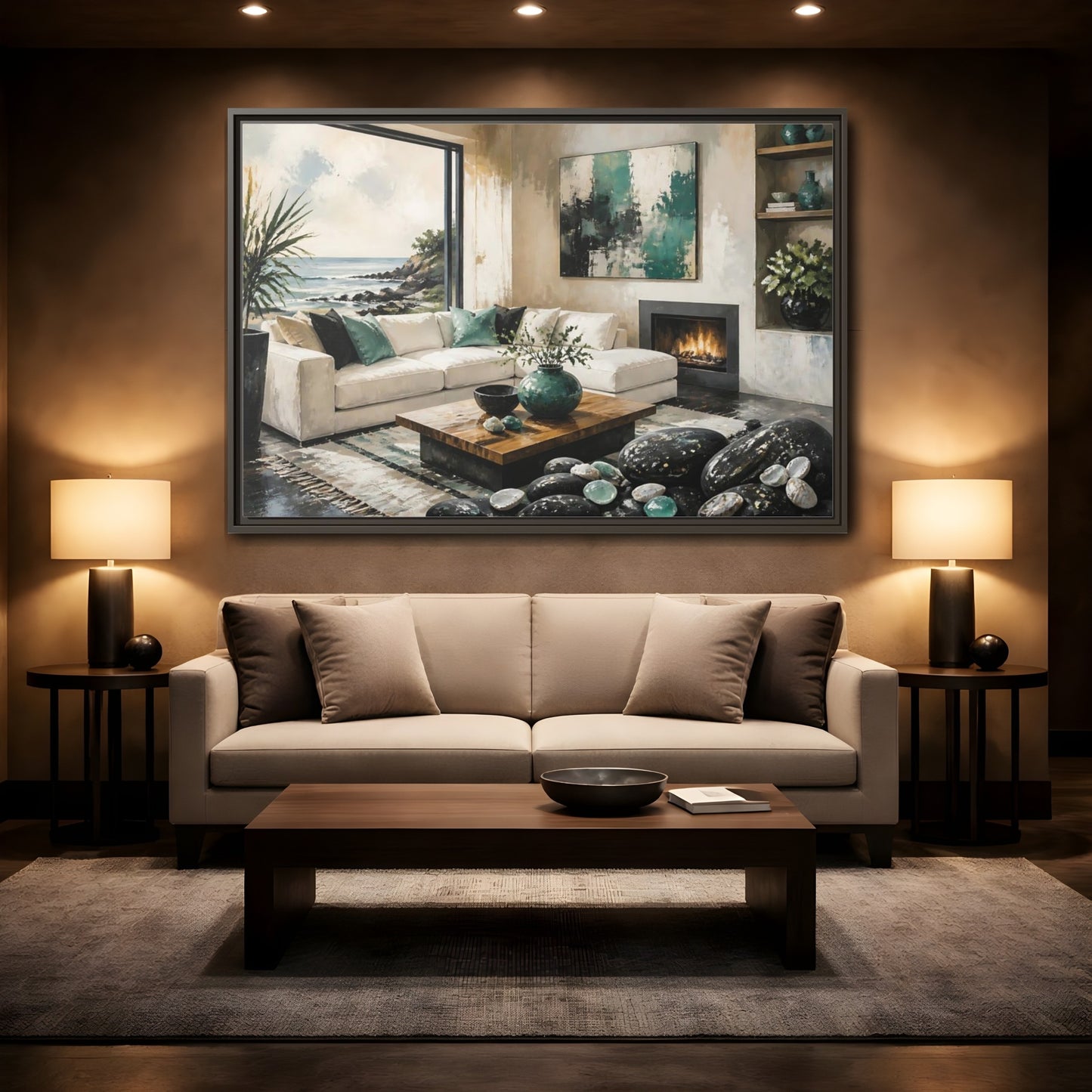 Mockup 2. Living Room Coastal Sofa shown as framed canvas print