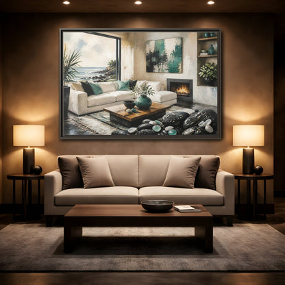 Mockup 2. Living Room Coastal Sofa shown as framed canvas print