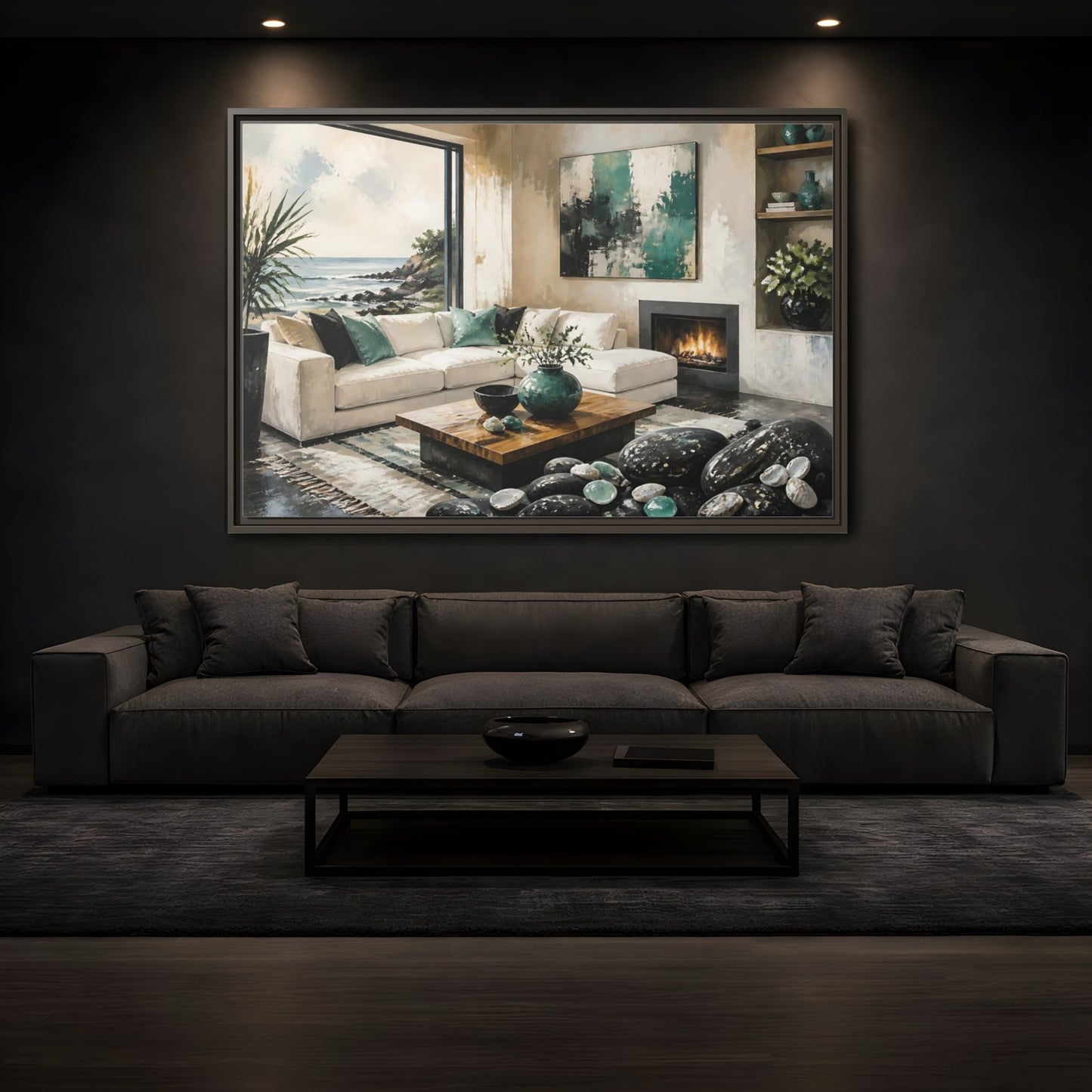Mockup 3. Living Room Coastal Sofa shown as framed canvas print