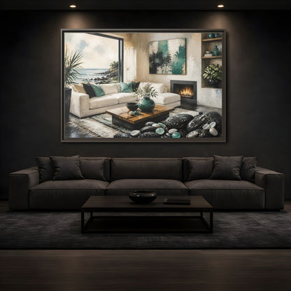 Mockup 3. Living Room Coastal Sofa shown as framed canvas print