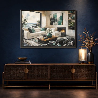 Mockup 4. Living Room Coastal Sofa shown as framed canvas print
