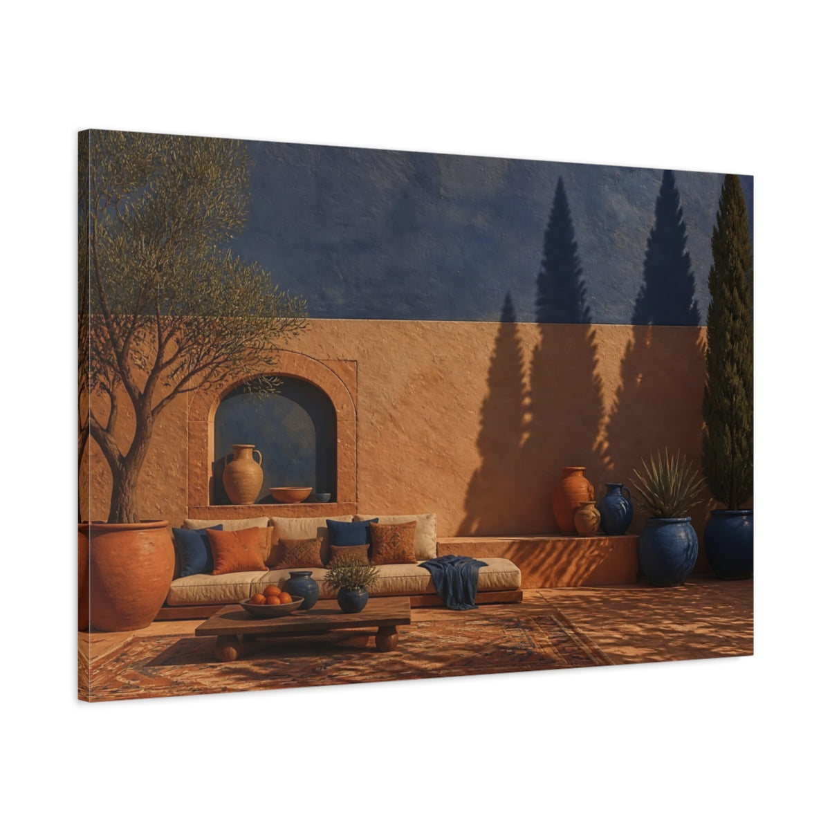 Main Mockup. Living Room Courtyard Shadows shown as canvas print