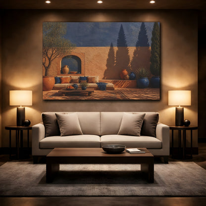 Mockup 2. Living Room Courtyard Shadows shown as canvas print